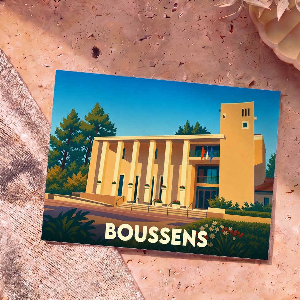 Carte postale souvenir de la ville de Boussens avec une illustration stylisée de son hôtel de ville.