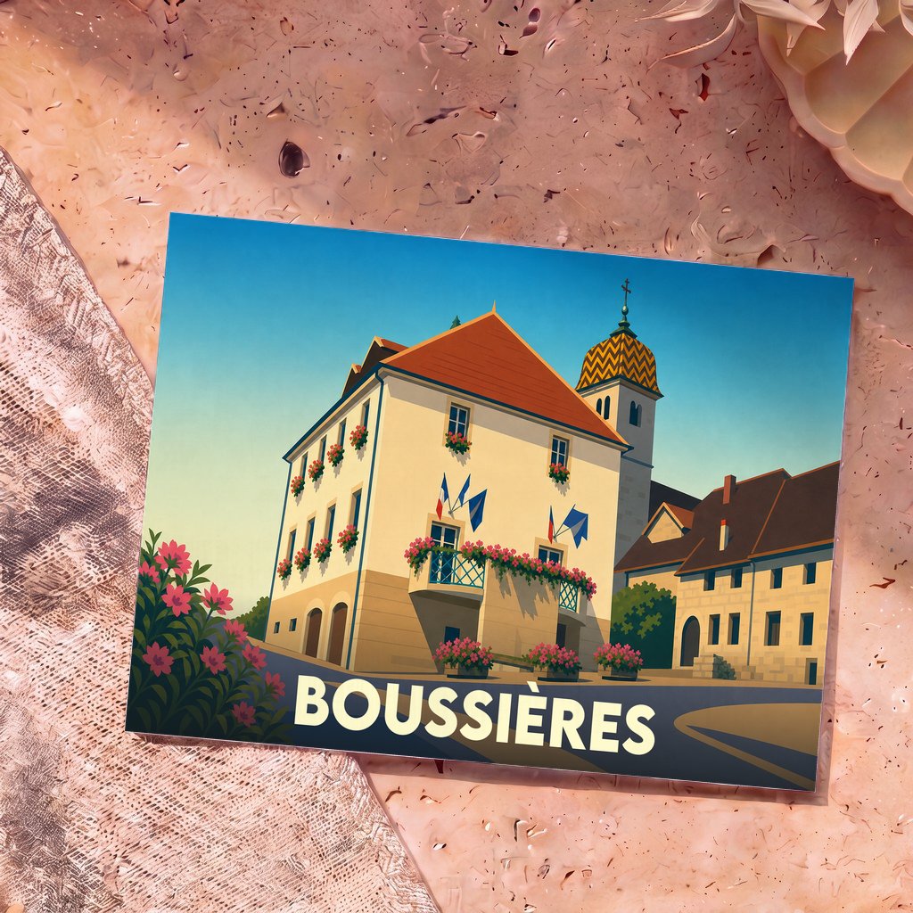 Carte postale souvenir de la ville de Boussières avec une illustration stylisée de sa mairie et de son église.