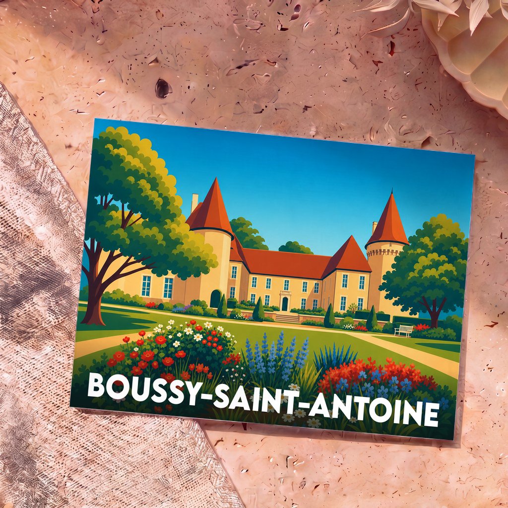 Carte postale souvenir de la ville de Boussy-Saint-Antoine avec une illustration stylisée de son château et de ses jardins fleuris.