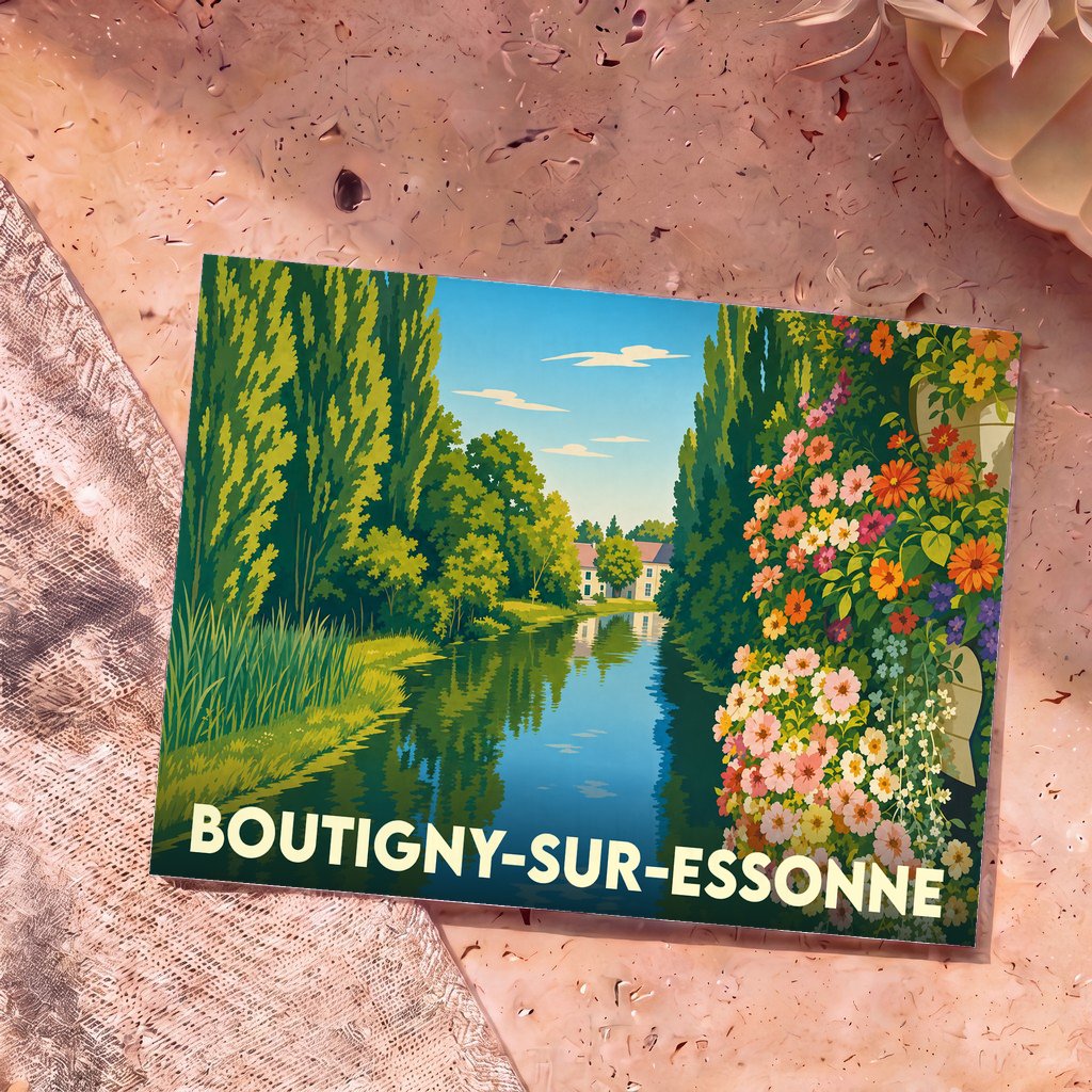 Carte postale souvenir de la ville de Boutigny-sur-Essonne avec une illustration colorée et stylisée d'un cours d'eau bordé de fleurs.