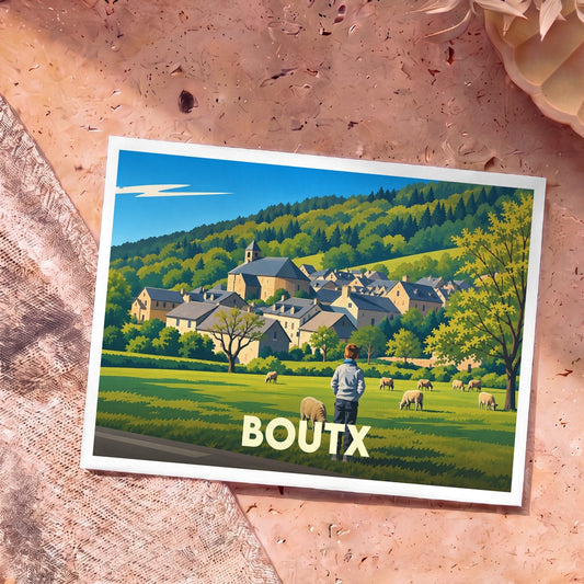 Carte postale souvenir de la ville de Boutx avec une illustration stylisée d'un village de montagne et de ses moutons.