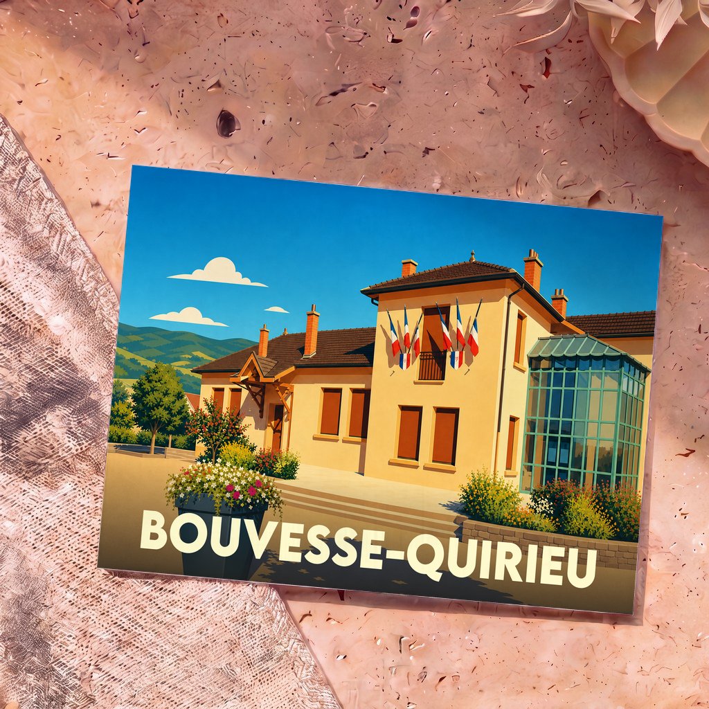 Carte postale souvenir de la ville de Bouvesse-Quirieu avec une illustration stylisée de sa mairie.
