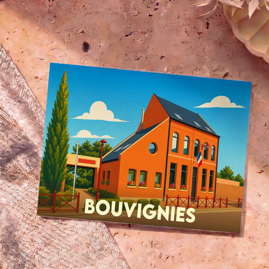 Carte postale souvenir de la ville de Bouvignies avec une illustration stylisée de sa mairie.