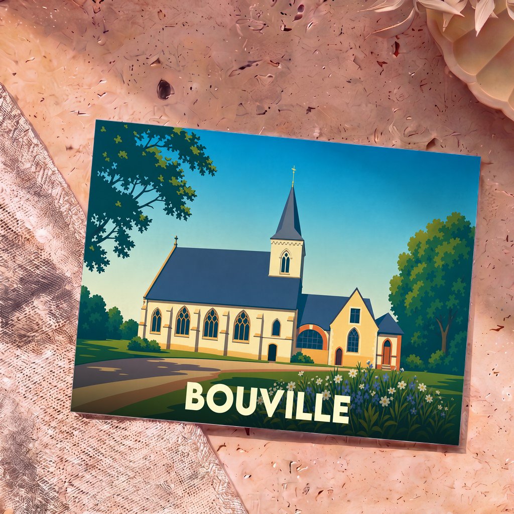 Carte postale souvenir de la ville de Bouville illustrant une église de campagne dans un style épuré.