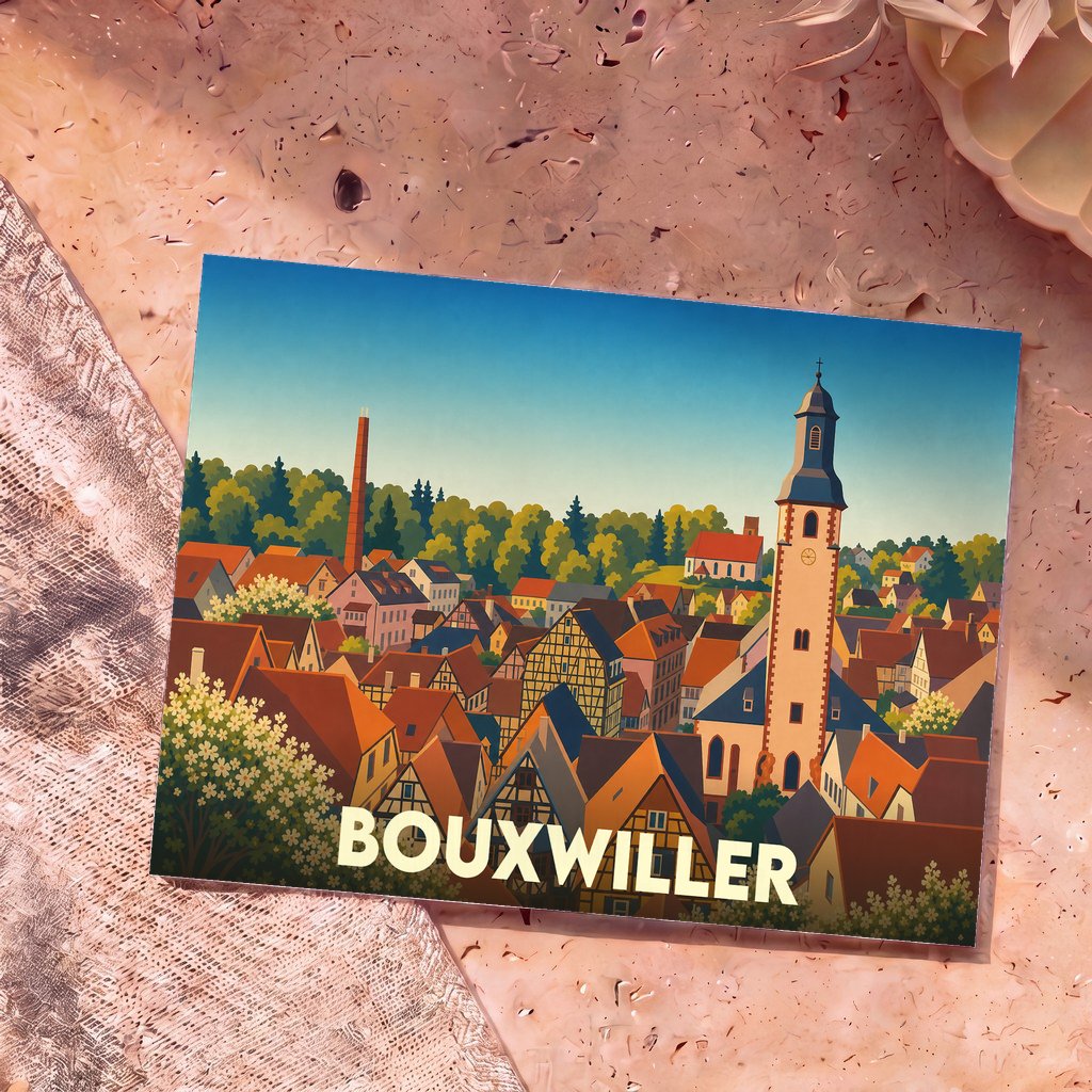 Carte postale souvenir de la ville de Bouxwiller avec une illustration stylisée et colorée de ses toits et de son église.