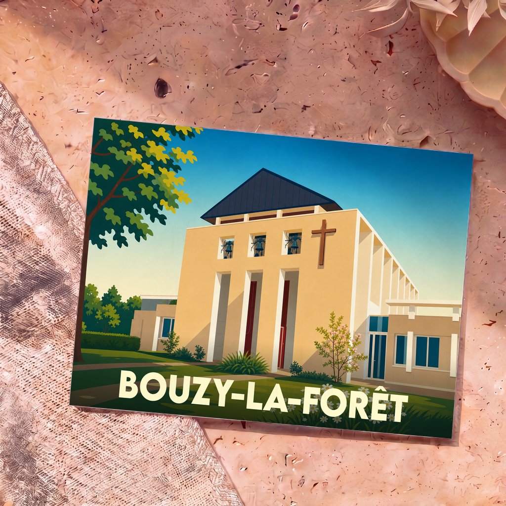 Carte postale souvenir de la ville de Bouzy-la-Forêt illustrant son église à l'architecture moderne.