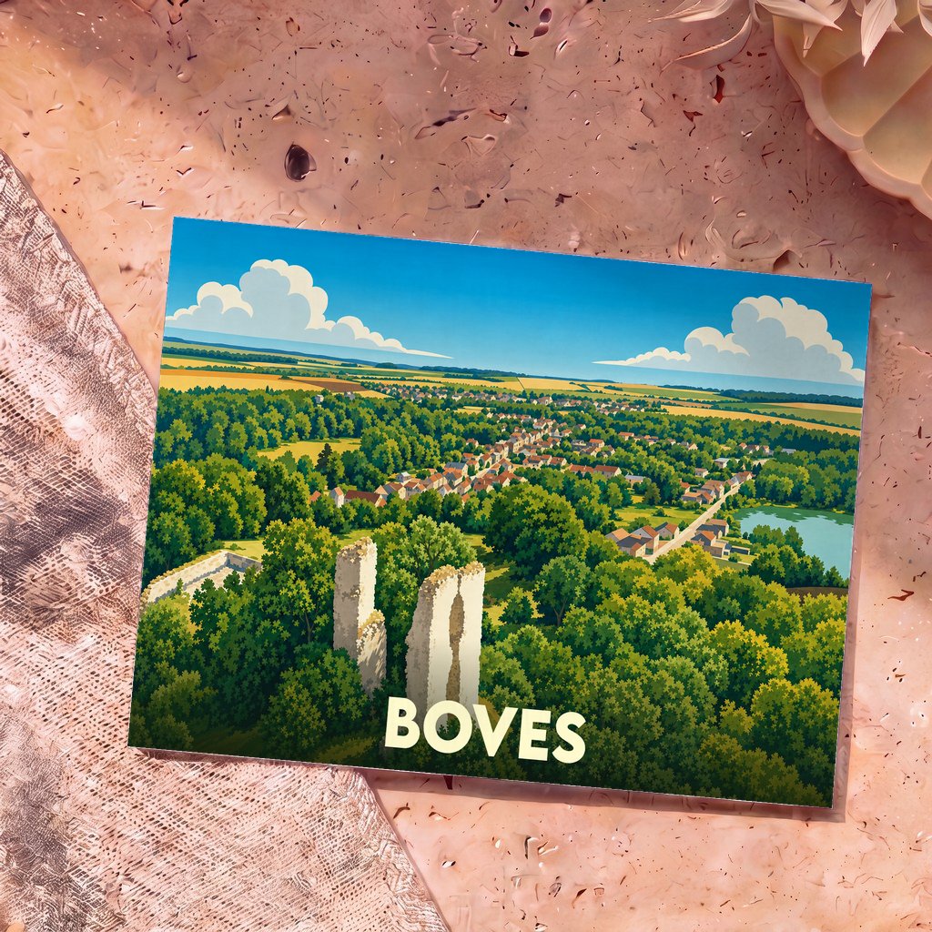 Carte postale souvenir de la ville de Boves avec une illustration stylisée des ruines de son château nichées dans une forêt verdoyante.