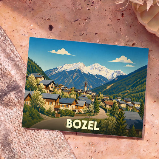 Carte postale souvenir de la ville de Bozel avec une illustration stylisée d'un village de montagne enneigé.