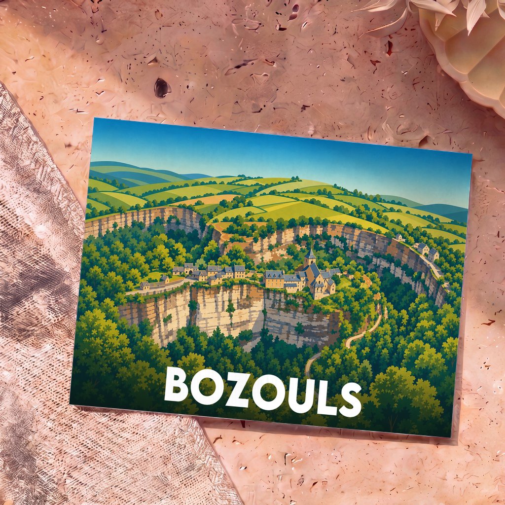 Carte postale souvenir de la ville de Bozouls avec une illustration stylisée de son célèbre canyon.