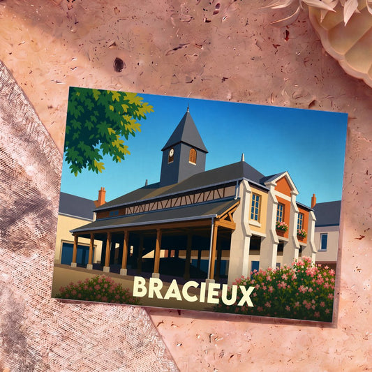 Carte postale souvenir de la ville de Bracieux représentant sa célèbre halle ancienne avec une illustration colorée et stylisée.