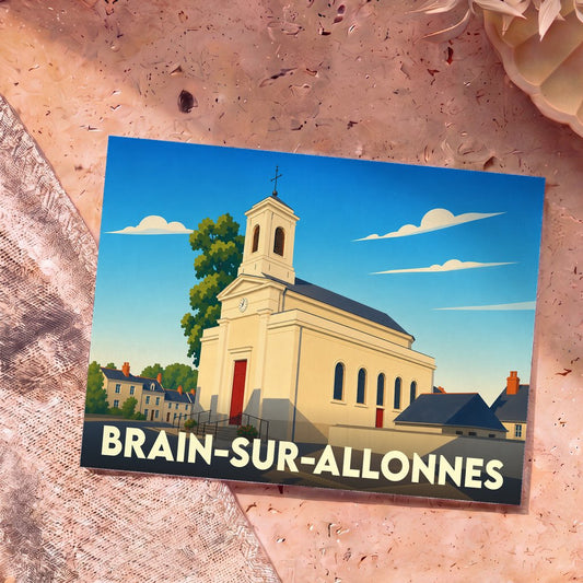 Carte postale souvenir de la ville de Brain-sur-Allonnes avec une illustration stylisée de son église sous un ciel bleu.