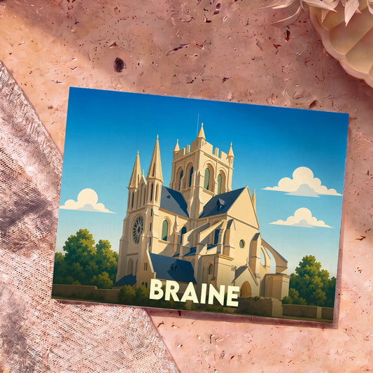 Carte postale souvenir de la ville de Braine avec une illustration stylisée de son église abbatiale.