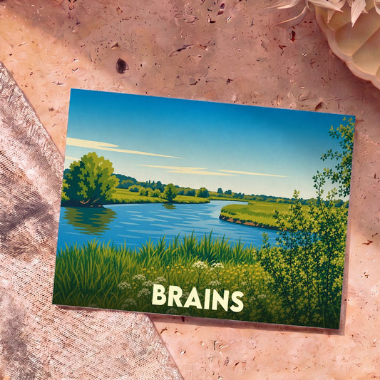 Carte postale souvenir de la ville de Brains avec une illustration stylisée d'un paysage de rivière.
