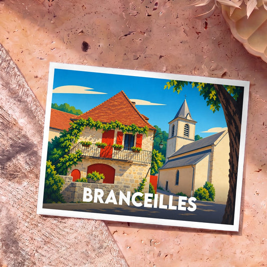 Carte postale souvenir de la ville de Branceilles avec une illustration stylisée d'une maison de pierre et d'une église.