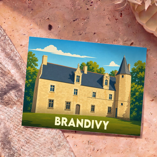 Carte postale souvenir de la ville de Brandivy avec une illustration stylisée de son château.