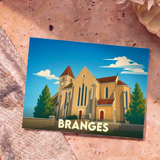Carte postale souvenir de la ville de Branges illustrant son église dans un style graphique épuré.