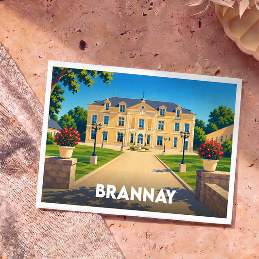Carte postale souvenir de la ville de Brannay illustrant un château majestueux dans un style graphique coloré.
