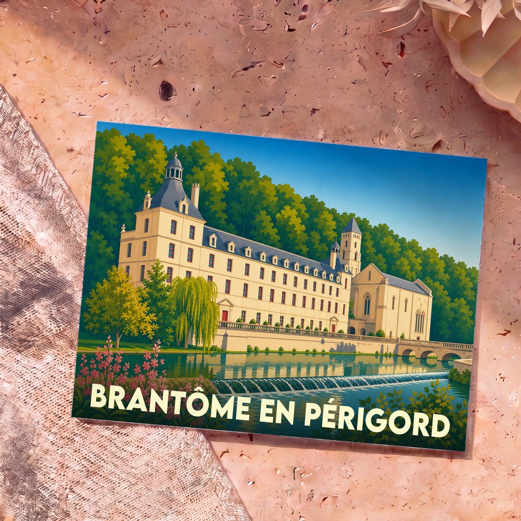 Carte postale souvenir de la ville de Brantôme en Périgord avec une illustration stylisée de son abbaye au bord de l'eau.