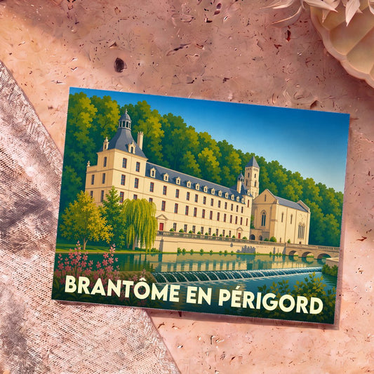 Carte postale souvenir de la ville de Brantôme en Périgord avec une illustration stylisée de son abbaye au bord de l'eau.