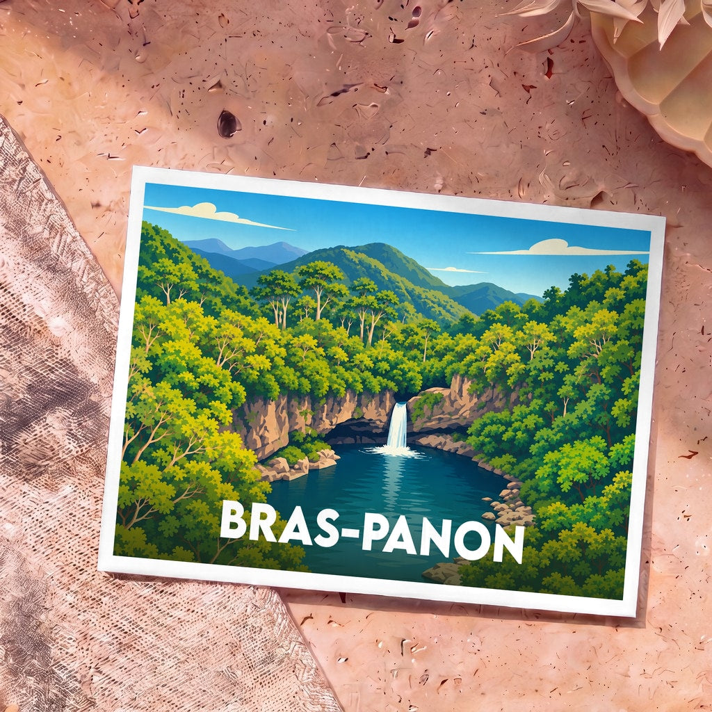 Carte postale souvenir de la ville de Bras-Panon illustrant une cascade nichée dans une forêt tropicale luxuriante.