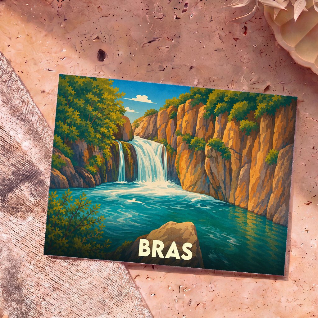 Carte postale souvenir de la ville de Bras illustrant une cascade nichée entre des falaises et une végétation verdoyante.