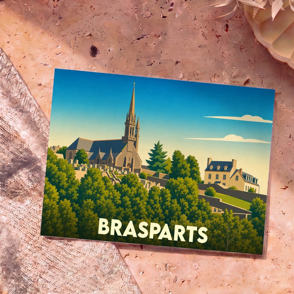 Carte postale souvenir de la ville de Brasparts avec une illustration stylisée de son église et de son paysage.