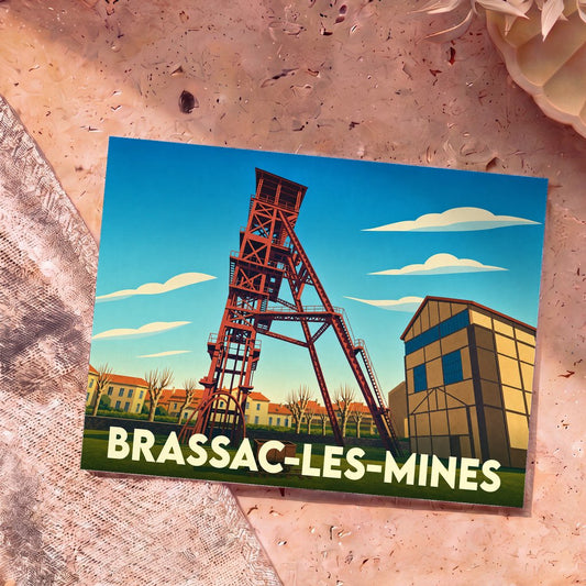 Carte postale souvenir de la ville de Brassac-les-Mines avec une illustration stylisée d'un chevalement de mine.