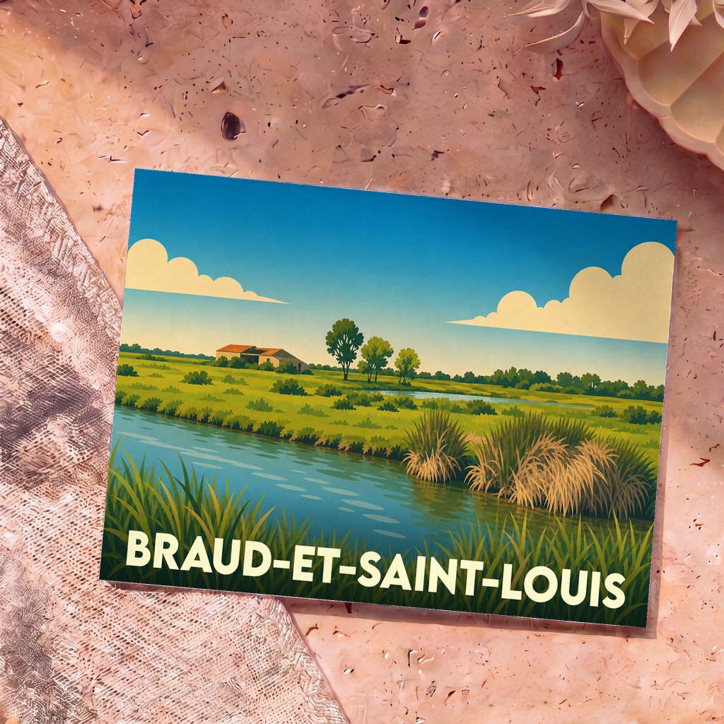 Carte postale souvenir de Braud-et-Saint-Louis illustrant un paysage de marais stylisé.