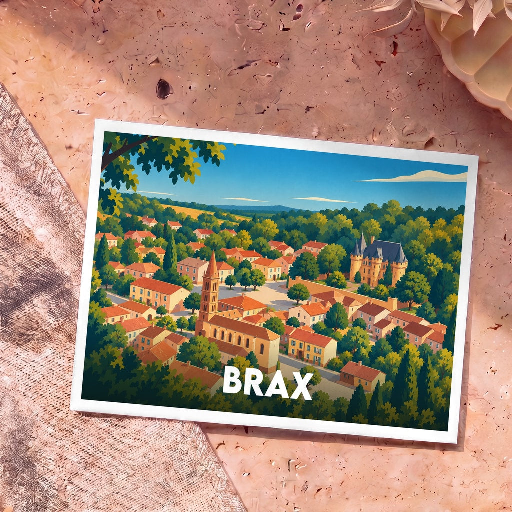 Carte postale souvenir de la ville de Brax avec une illustration stylisée et colorée du village.