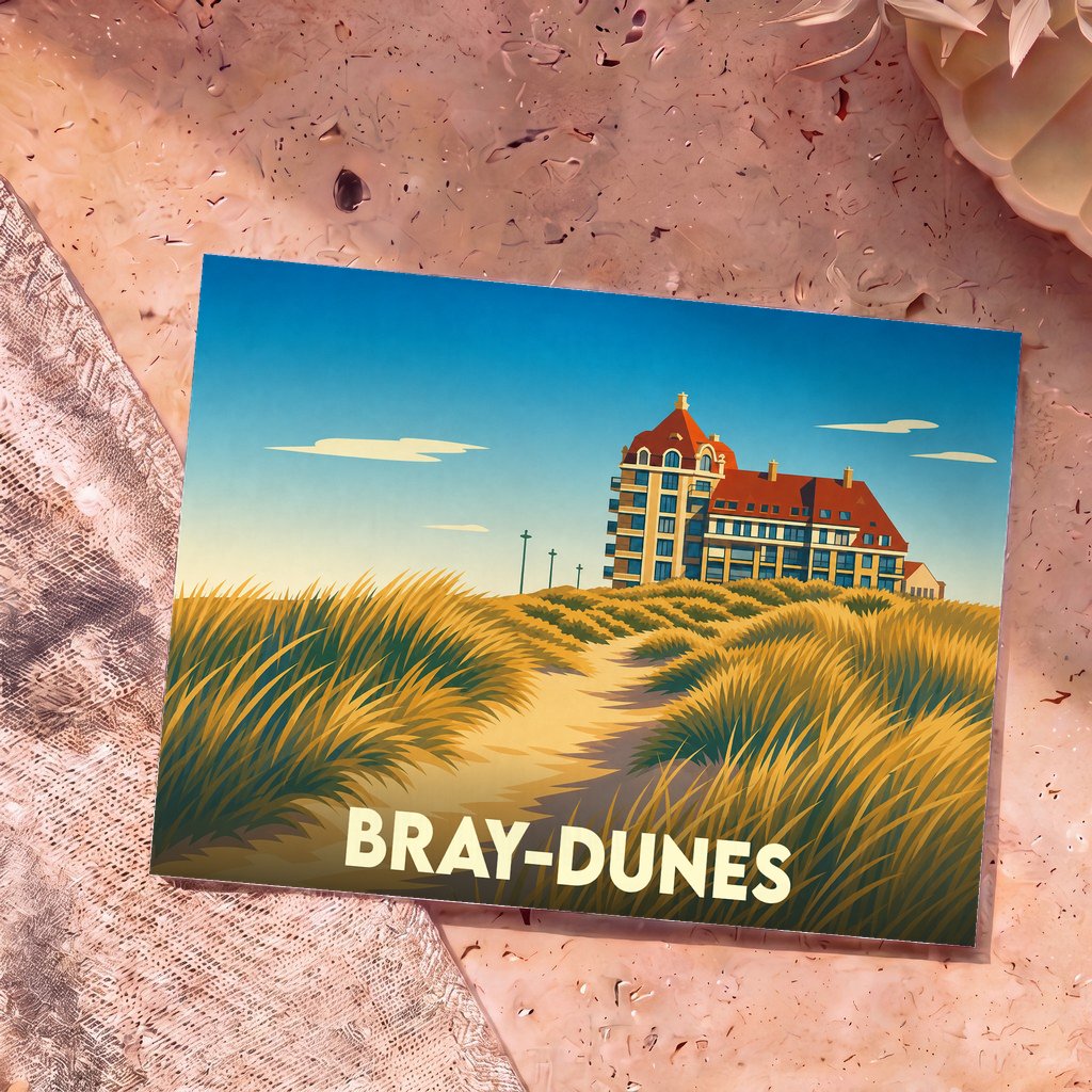 Carte postale souvenir de la ville de Bray-Dunes illustrant un bâtiment de bord de mer derrière des dunes de sable.