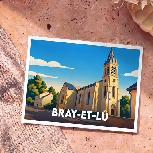 Carte postale souvenir de la ville de Bray-et-Lû avec une illustration stylisée de son église.