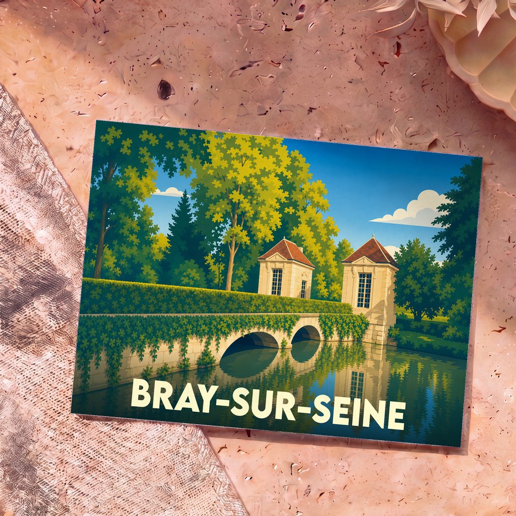 Carte postale souvenir de la ville de Bray-sur-Seine avec une illustration stylisée d'un pont et ses pavillons.