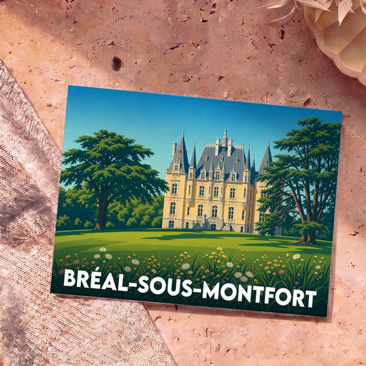 Carte postale souvenir de la ville de Bréal-sous-Montfort illustrant un château majestueux dans un parc verdoyant.