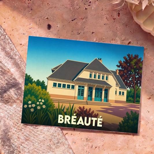 Carte postale souvenir de la ville de Bréauté avec une illustration stylisée de son architecture.
