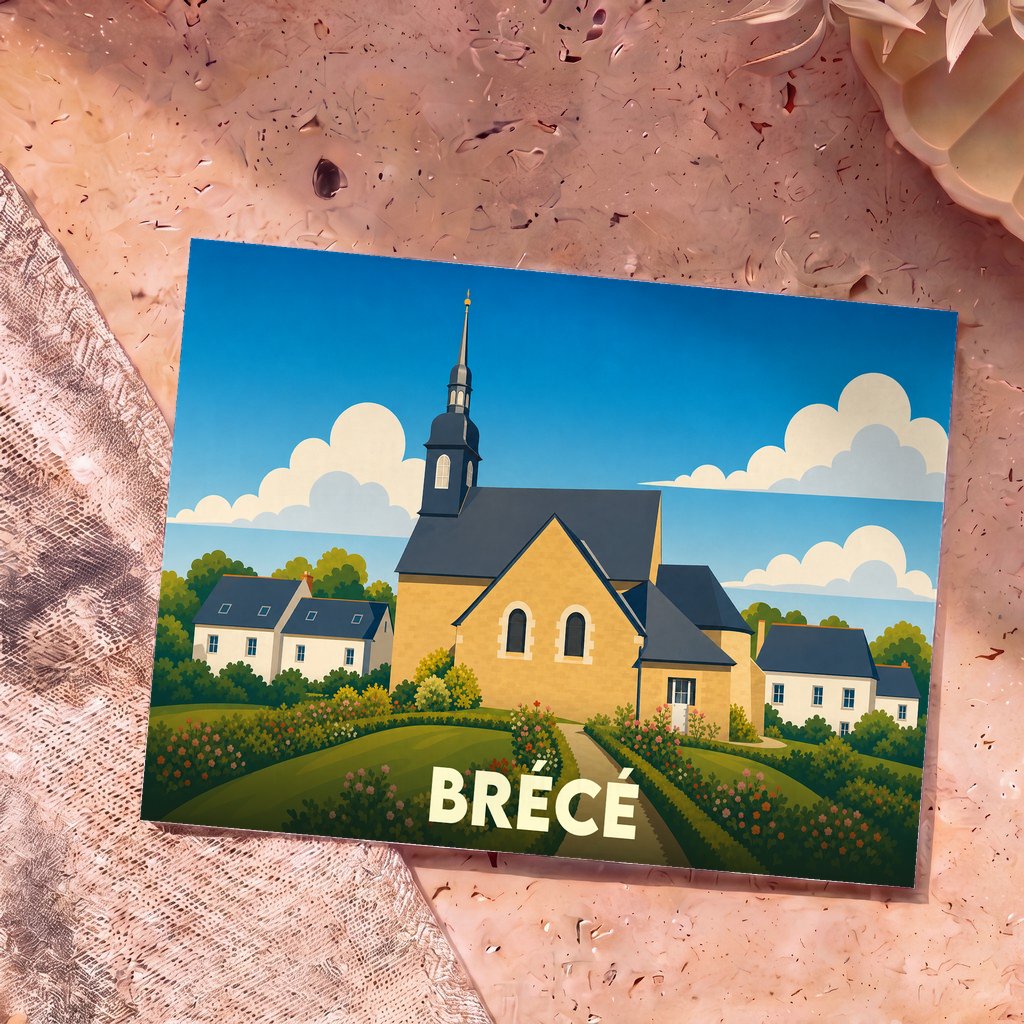 Carte postale souvenir de la ville de Brécé avec une illustration stylisée de son église et de ses maisons.