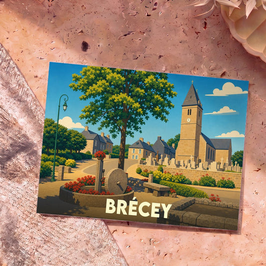 Carte postale souvenir de la ville de Brécey avec une illustration stylisée d'un paysage urbain pittoresque.