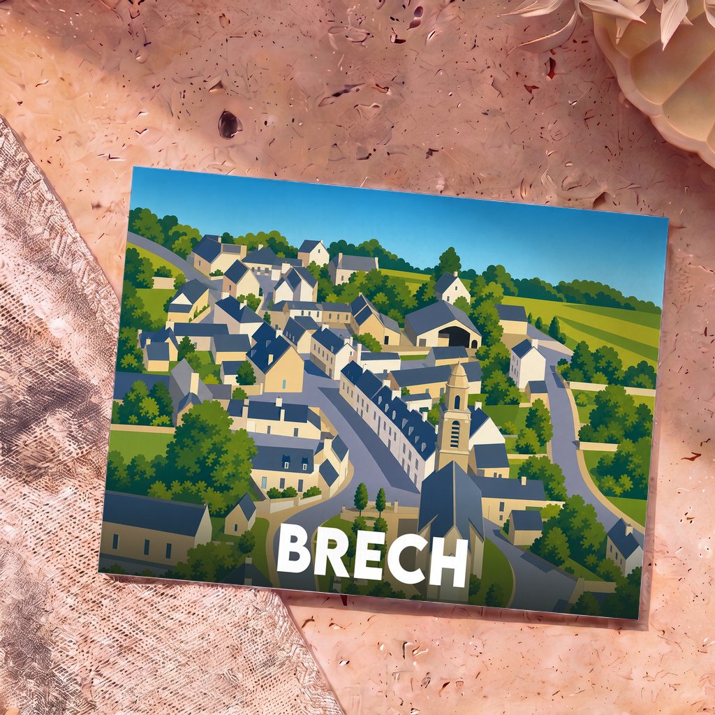 Carte postale souvenir de la ville de Brech avec une illustration stylisée et colorée de ses maisons et de son église.