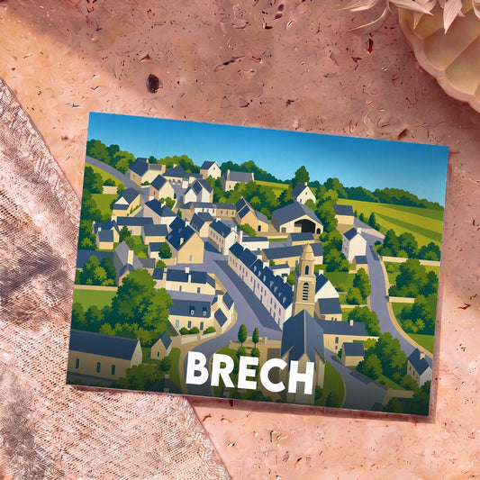 Carte postale souvenir de la ville de Brech avec une illustration stylisée et colorée de ses maisons et de son église.