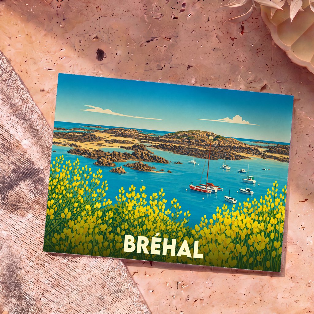 Carte postale souvenir de la ville de Bréhal illustrant un paysage côtier parsemé de fleurs jaunes et de voiliers.