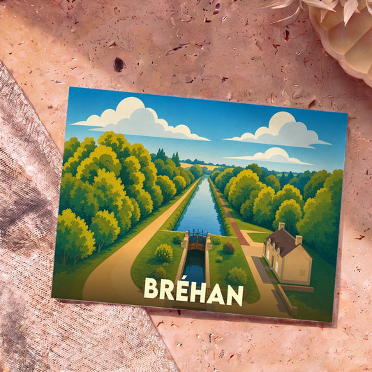 Carte postale souvenir de la ville de Bréhan illustrant un canal et son écluse dans un style graphique épuré.