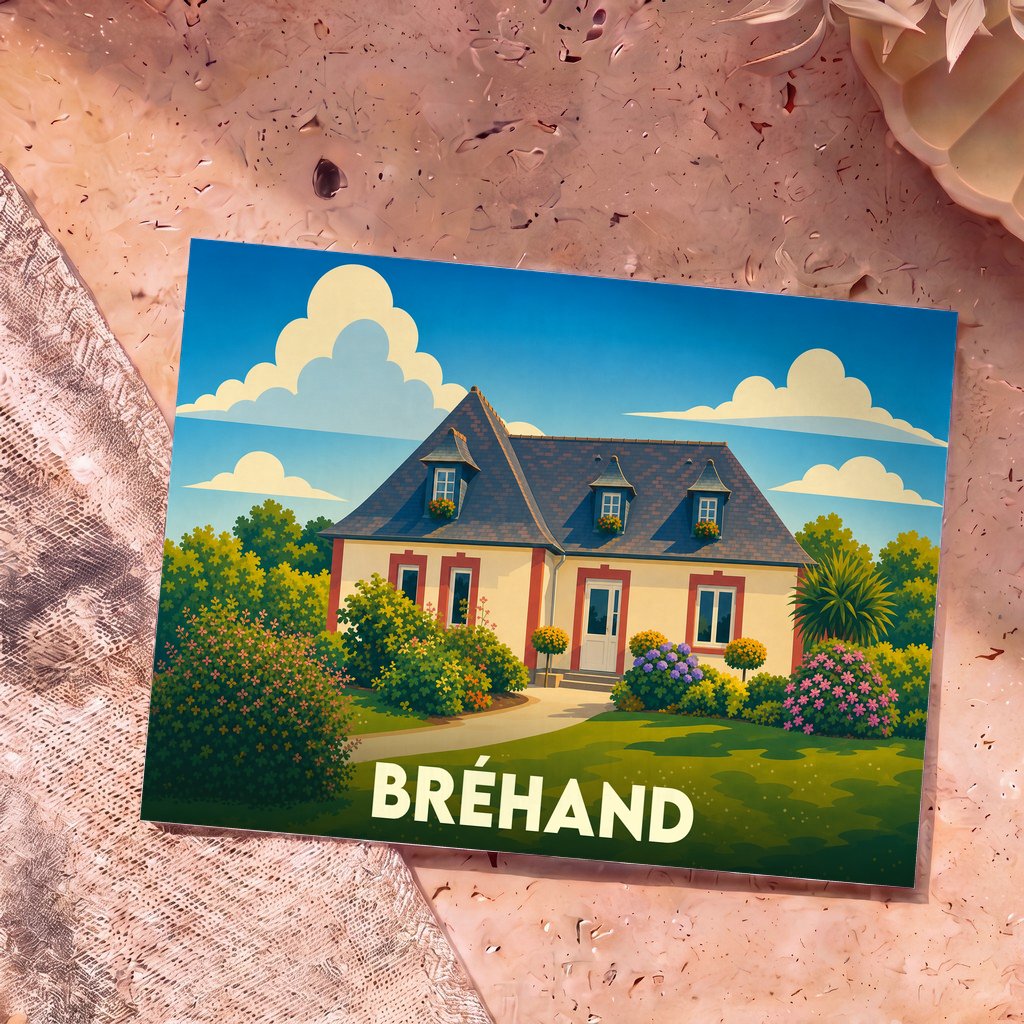 Carte postale souvenir de la ville de Bréhand avec une illustration stylisée d'une maison traditionnelle fleurie.