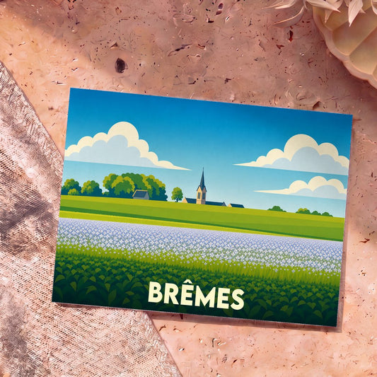 Carte postale souvenir de la commune de Brêmes avec une illustration stylisée de son paysage champêtre et de son clocher.