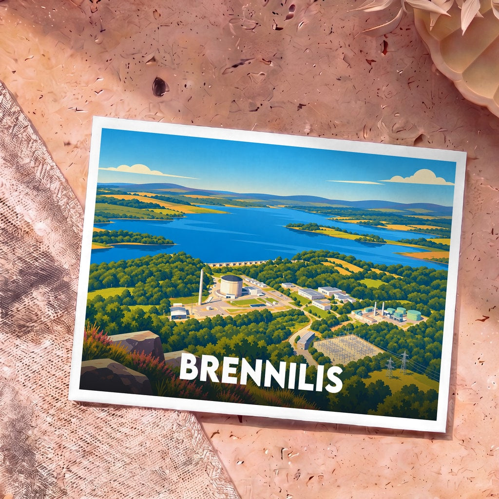 Carte postale souvenir de la ville de Brennilis avec une illustration stylisée de son paysage et de sa centrale.