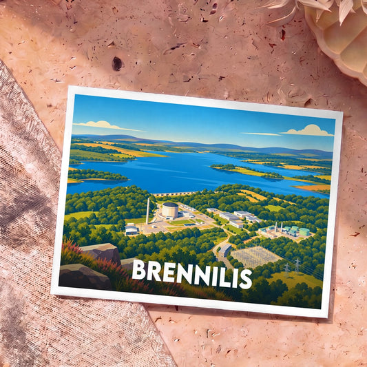Carte postale souvenir de la ville de Brennilis avec une illustration stylisée de son paysage et de sa centrale.