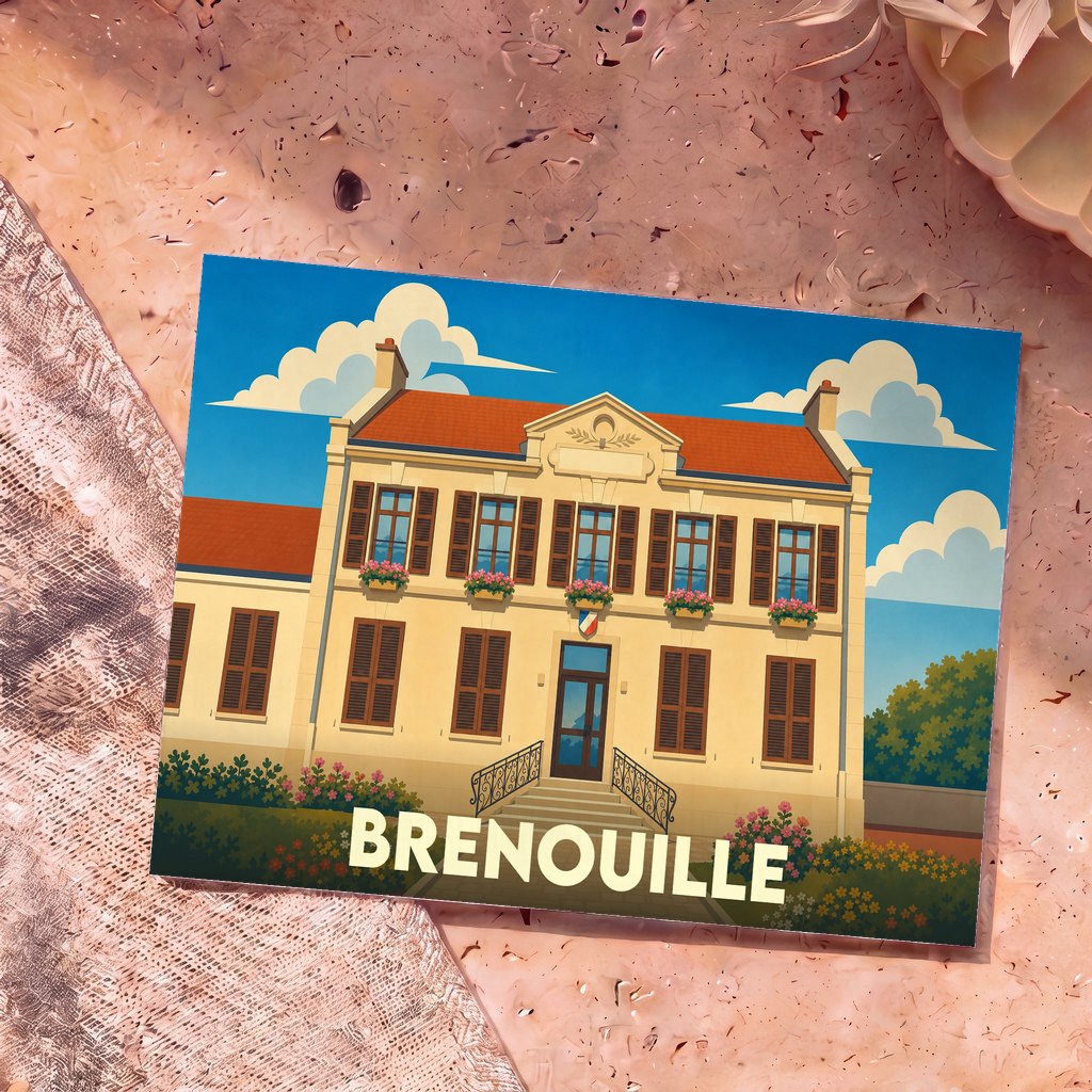 Carte postale souvenir de la ville de Brenouille avec une illustration stylisée de sa mairie.