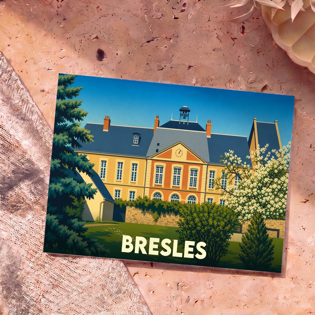 Carte postale souvenir de la ville de Bresles avec une illustration stylisée de son château.