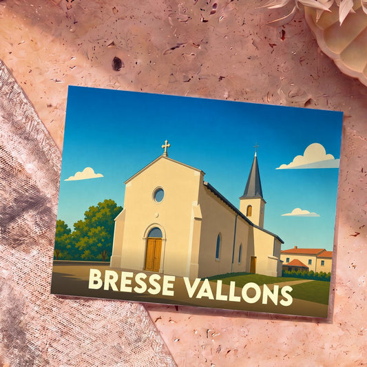 Carte postale souvenir de la commune de Bresse Vallons illustrant son église avec un style graphique épuré.