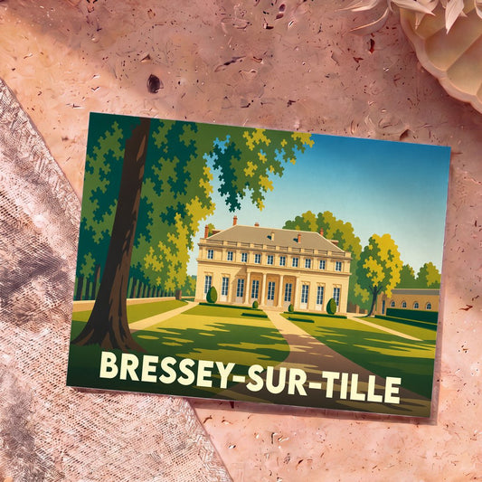 Carte postale souvenir de la ville de Bressey-sur-Tille avec une illustration stylisée d'un château.