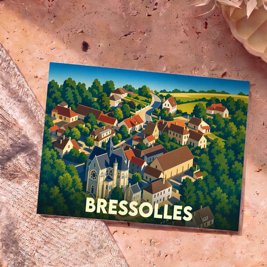 Carte postale souvenir de la ville de Bressolles illustrée d'une vue aérienne stylisée et colorée du village.