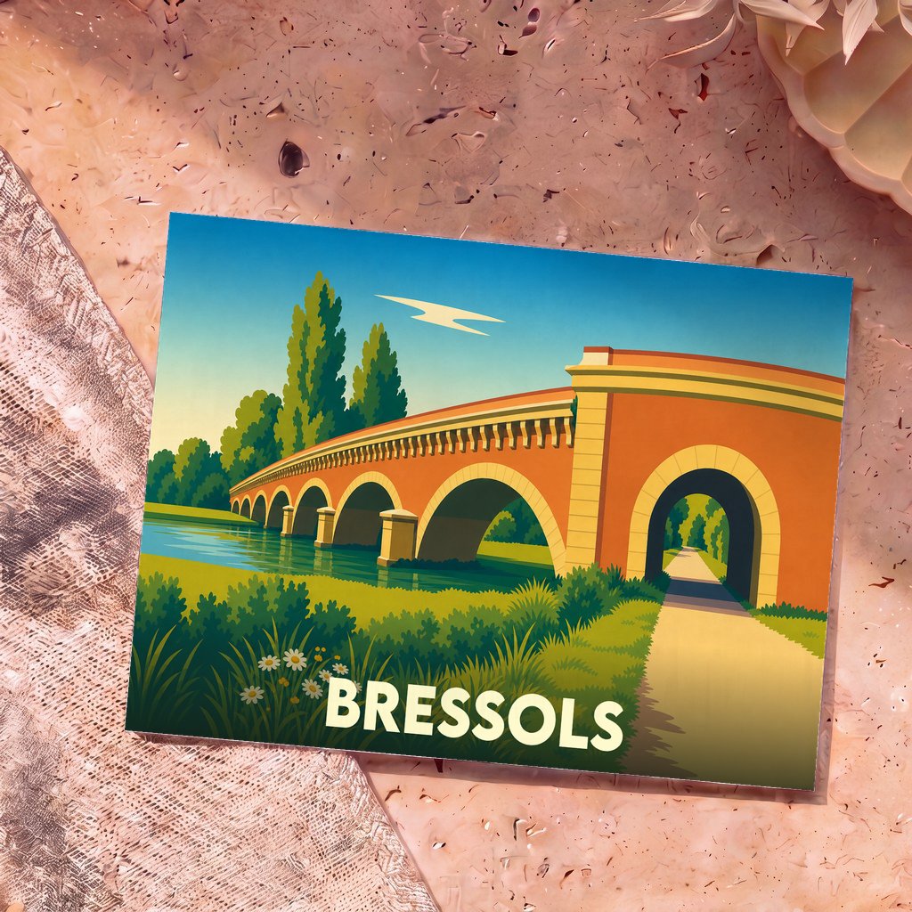 Carte postale souvenir de la ville de Bressols avec une illustration stylisée d'un pont en briques enjambant une rivière.